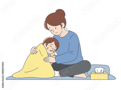 Mother comforts sick child with fever holding thermometer and blanket