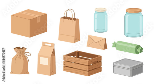 Assortment of diverse packaging and storage containers on a clean white background illustration