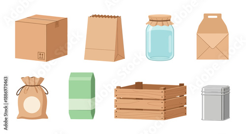 Diverse collection of empty packaging containers for various goods and storage needs