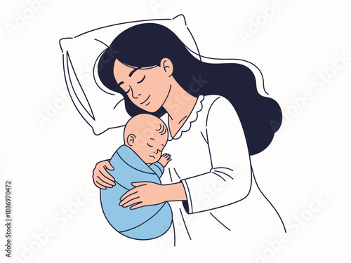 Mother sleeping while holding a swaddled baby on a white background