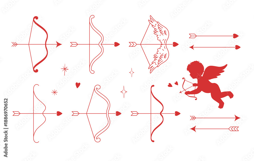 Fototapeta premium Valentine Cupid arrow and bow line art icons. Cupid silhouette. Bow and Arrow set.