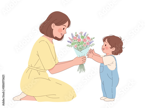 Woman kneeling to give a bouquet of flowers to a small child standing