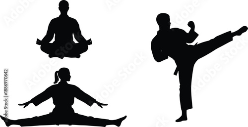 Yoga meditation and martial arts silhouettes set showing mindfulness stretching and kicking action wellness fitness vector illustration