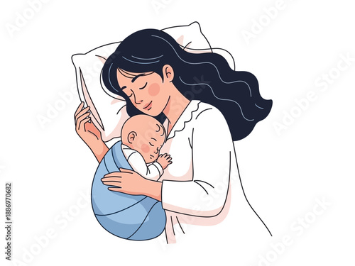 Illustration of a darkhaired mother sleeping while holding a swaddled baby