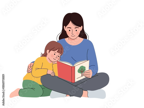 Woman reading a picture book to a child sitting closely beside her