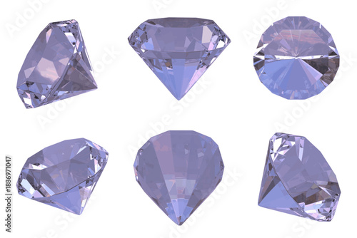 Modern sparkling faceted luxury pastel blue-purple emerald diamonds, iridescent gemstone. Round violet moissanite in different angles. Gemstone set, rhinestones closeup. Realistic 3d isolated vector.