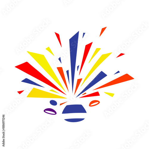 Vibrant graphic design of colorful rays exploding from a central point on a white background with a dynamic and energetic mood.