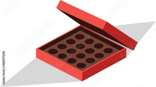 Empty red square box of chocolates shown open with empty truffle indentations ready for treats