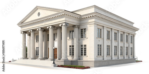 Photorealistic bank building with classic columns and clean facade, front view, finance and business concept, isolated on transparent background, clean cutout, no people, high resolution PNG