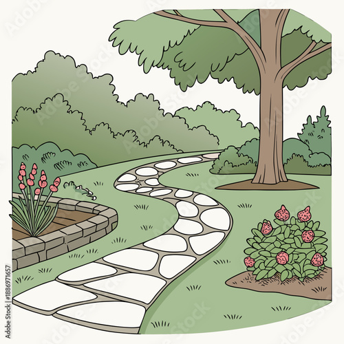 Stone Pathways and Flowers Landscape Design - Garden Walkway