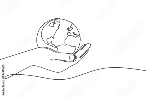 A single line drawing of hands cradling planet earth gently