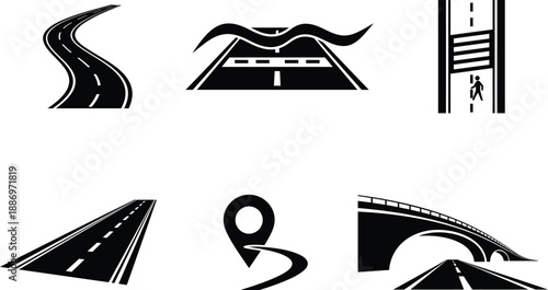 Black and white road and highway icons on white background