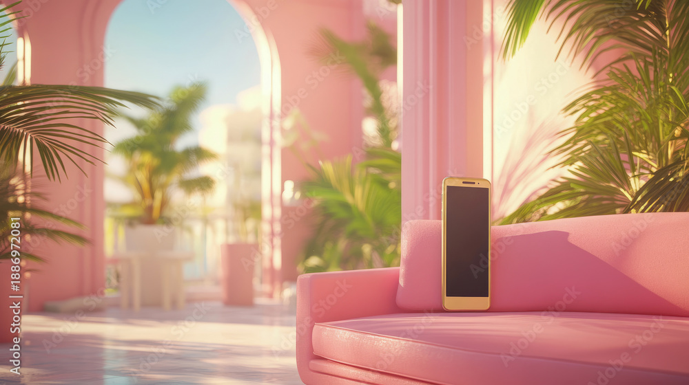Naklejka premium Modern Gold Smartphone Resting on Stylish Pink Sofa with Lush Tropical Plants and Arches in Luxurious Sunny Outdoor Setting, Evoking Relaxing Vacation Vibes