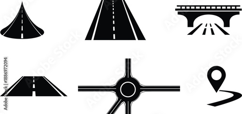 collection of road and highway icons  various transportation and infrastructure symbols