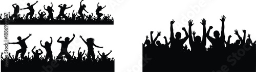 Cheering crowd silhouette banners showing dancing people raised hands and celebration energy isolated on white background for concert festival party event illustration design