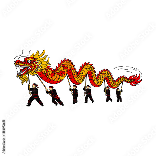 Illustration of a vibrant red and yellow dragon dance performance with five people in black costumes on a white background.
