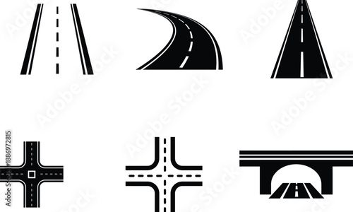 Road and highway infrastructure icons  various transportation routes and intersections