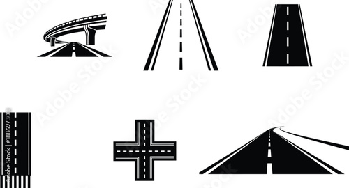 Various highway road types and intersections in black silhouette on white background