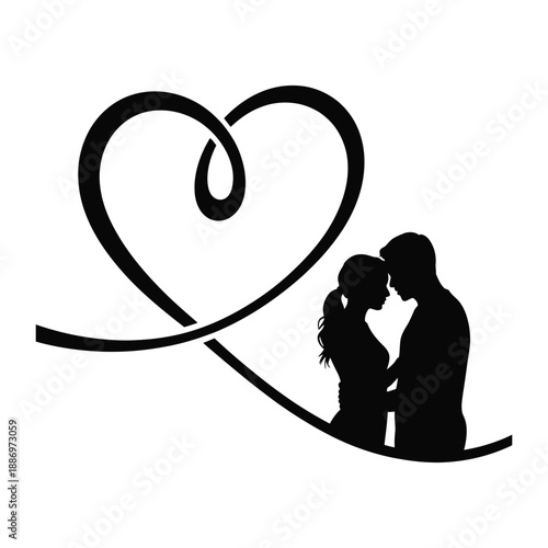 Elegant silhouette of romantic couple embracing affectionately with flowing heart symbol intertwined creating intimate and loving connection, perfect for wedding or anniversary themes