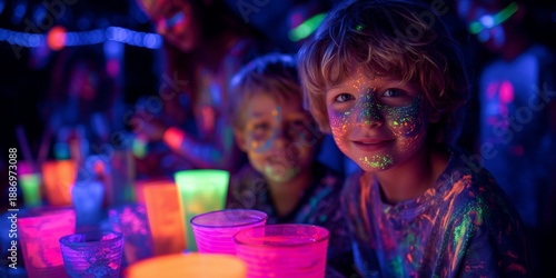 Neon-lit room with kids dancing, glow sticks, face paint and glowing balloons. A playful night of vivid color, energy and blacklight celebration.
