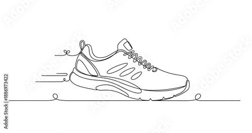 Minimalist line art depiction of a running shoe silhouette. Non editable stroke