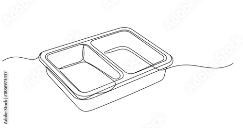 Simple line drawing of a two-compartment food tray container. Non editable stroke