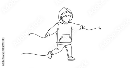 Line drawing of child in hoodie jumping rope outdoors. Non editable stroke