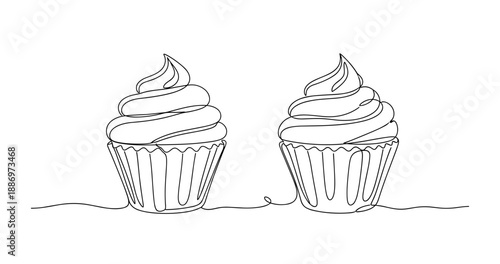 Line art of two cupcakes with swirled frosting. Non editable stroke