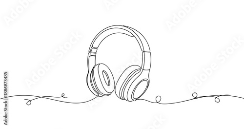 Continuous line art of headphones with music notes flowing. Non editable stroke