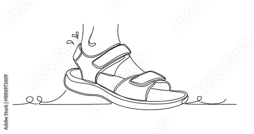 Line art of sporty sandal on foot completing a step in style. Non editable stroke