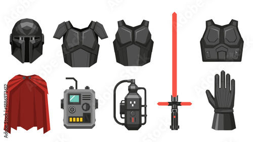 Low Poly Sci-fi warrior armor, helmet, cape, lightsaber, and gadgets collection