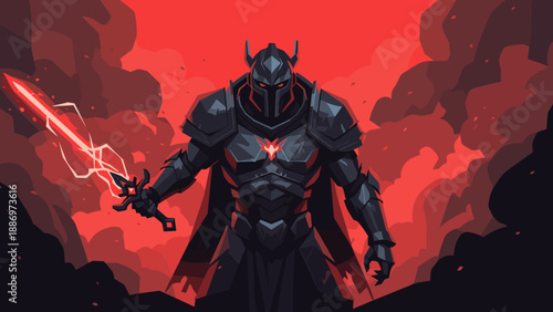 Low Poly Dark knight in full armor holding a glowing red sword against a fiery background
