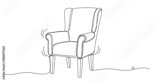 Continuous line drawing of a classic armchair with elegant curved armrests. Non editable stroke