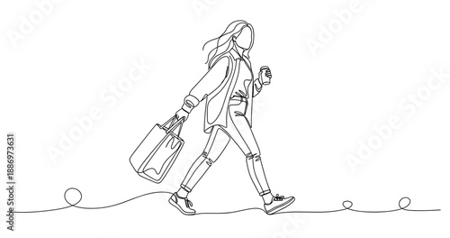 Continuous line drawing of young caucasian female with shopping bag walking. Non editable stroke