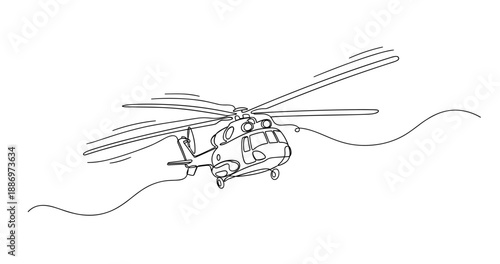 Outline of a helicopter in flight showing rotor blades and body detail. Non editable stroke