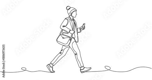 Young caucasian female walking with smartphone and bag in casual outfit. Non editable stroke