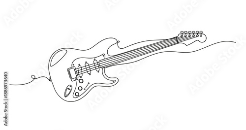Continuous line drawing of electric guitar with curved cable design. Non editable stroke