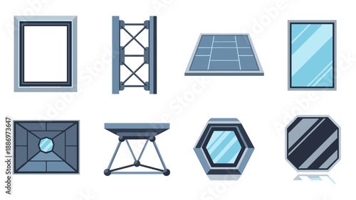 Low Poly Collection of futuristic architectural elements and windows with geometric designs