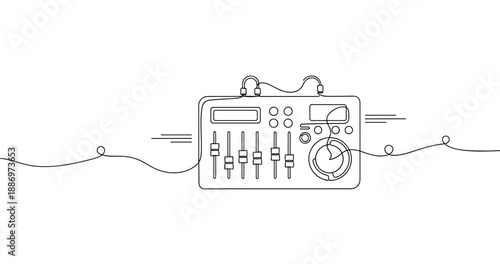Minimalistic line art of an audio mixing console with sliders and knobs. Non editable stroke