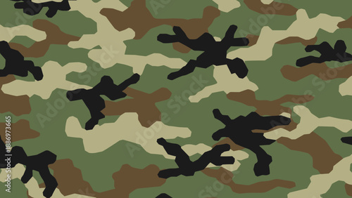 Low Poly Classic woodland camouflage pattern with green, brown, and tan colors for outdoor concealment