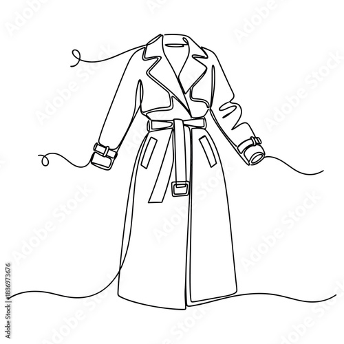 Elegant line art drawing of a long trench coat with detailed design elements. Non editable stroke