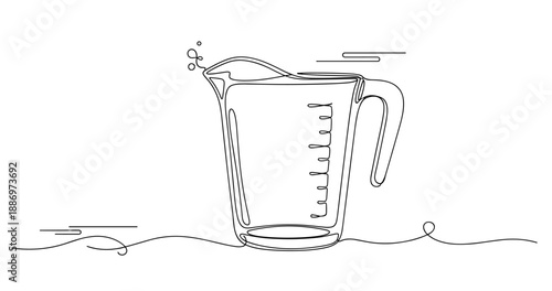 Continuous line art of a measuring cup with liquid - minimalist black and white design. Non editable stroke