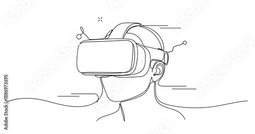 Male wearing virtual reality headset sketch outline technology concept. Non editable stroke