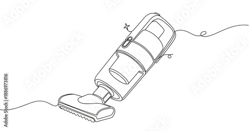 Minimalist line art of a vacuum cleaner in motion with string-like accents. Non editable stroke