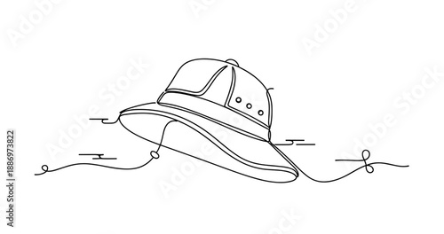 Line art illustration of a wide-brimmed hat with stitching details. Non editable stroke