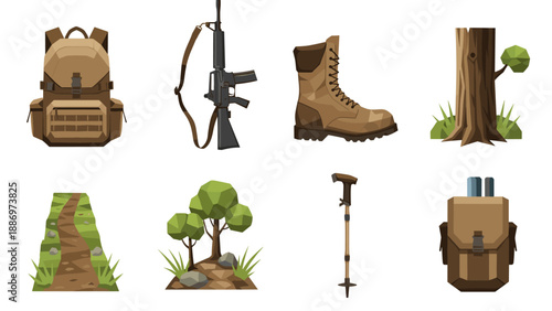 Low Poly Outdoor adventure gear and nature elements in a flat, low-poly illustration style