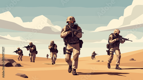 Low Poly Soldiers in desert uniform advancing with rifles in a stylized, low-poly desert landscape
