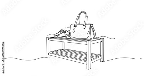 Shoe rack with sneakers and handbag sketch on white background. Non editable stroke