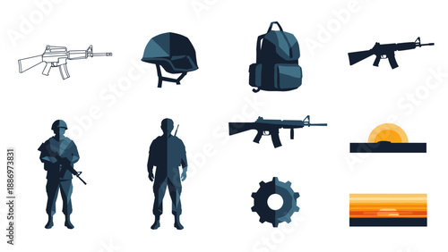 Low Poly Military icons collection: soldiers, weapons, gear, and sunset scenes