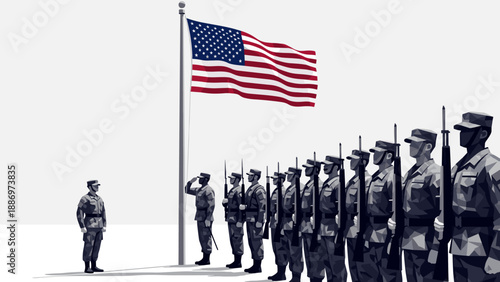 Low Poly Soldiers in formation salute the American flag during a solemn ceremony